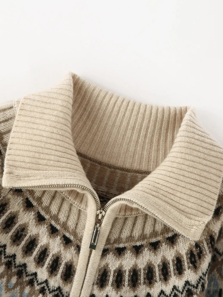 Fleur | Fair Isle Yoke Funnel Collar Cashmere Zip Cardigan - View 28