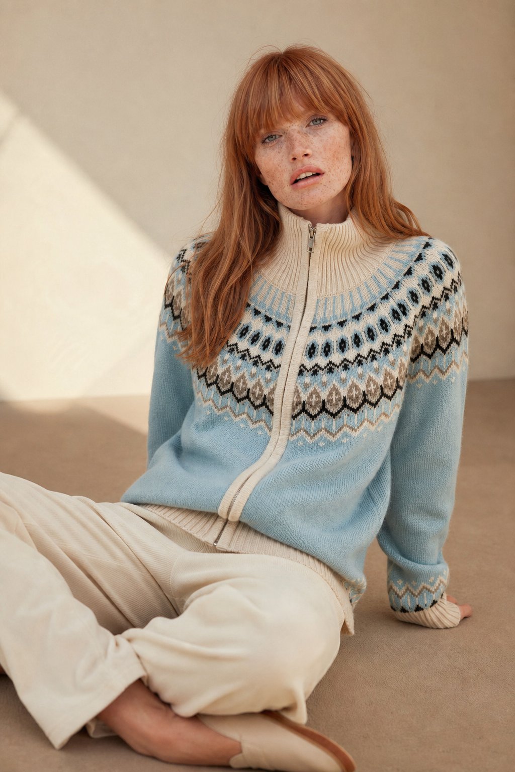 Fleur | Fair Isle Yoke Funnel Collar Cashmere Zip Cardigan - View 3