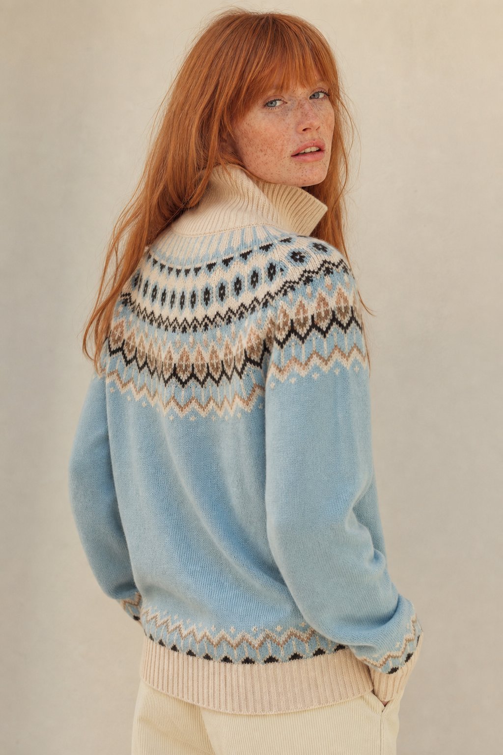 Fleur | Fair Isle Yoke Funnel Collar Cashmere Zip Cardigan - View 4