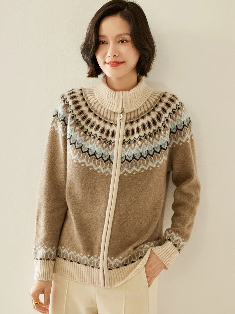 Fleur | Fair Isle Yoke Funnel Collar Cashmere Zip Cardigan - View 5
