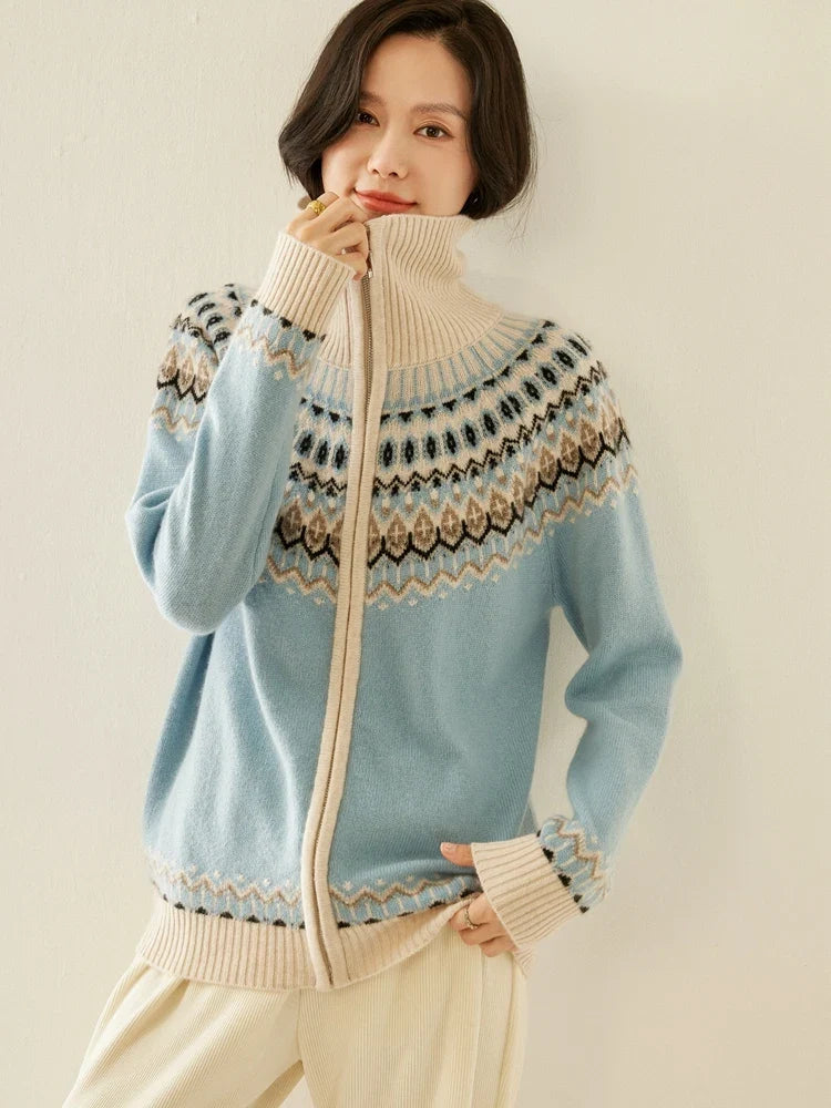 Fleur | Fair Isle Yoke Funnel Collar Cashmere Zip Cardigan - View 6