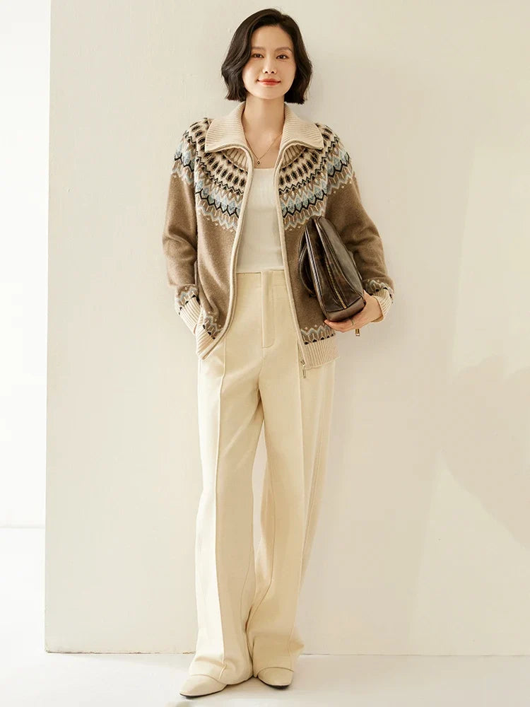 Fleur | Fair Isle Yoke Funnel Collar Cashmere Zip Cardigan - View 7