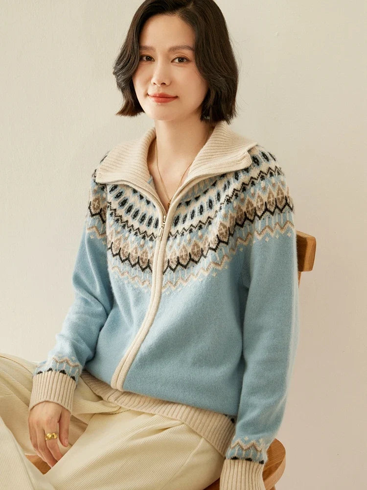 Fleur | Fair Isle Yoke Funnel Collar Cashmere Zip Cardigan - View 8
