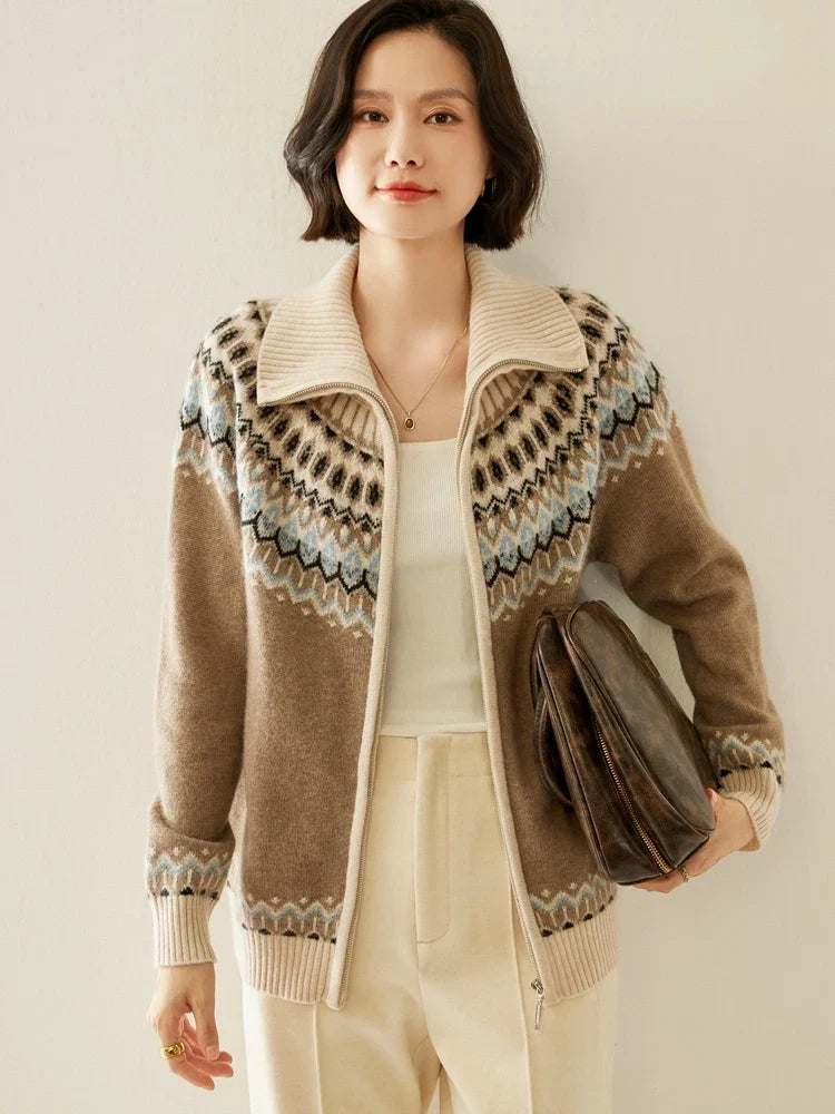 Fleur | Fair Isle Yoke Funnel Collar Cashmere Zip Cardigan - View 9