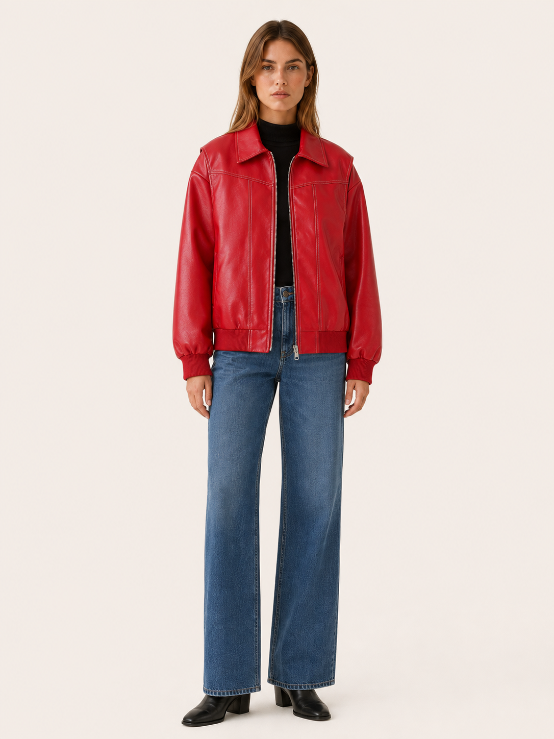 Flora | Contrast Stitch Faux Leather Oversized Bomber Jacket