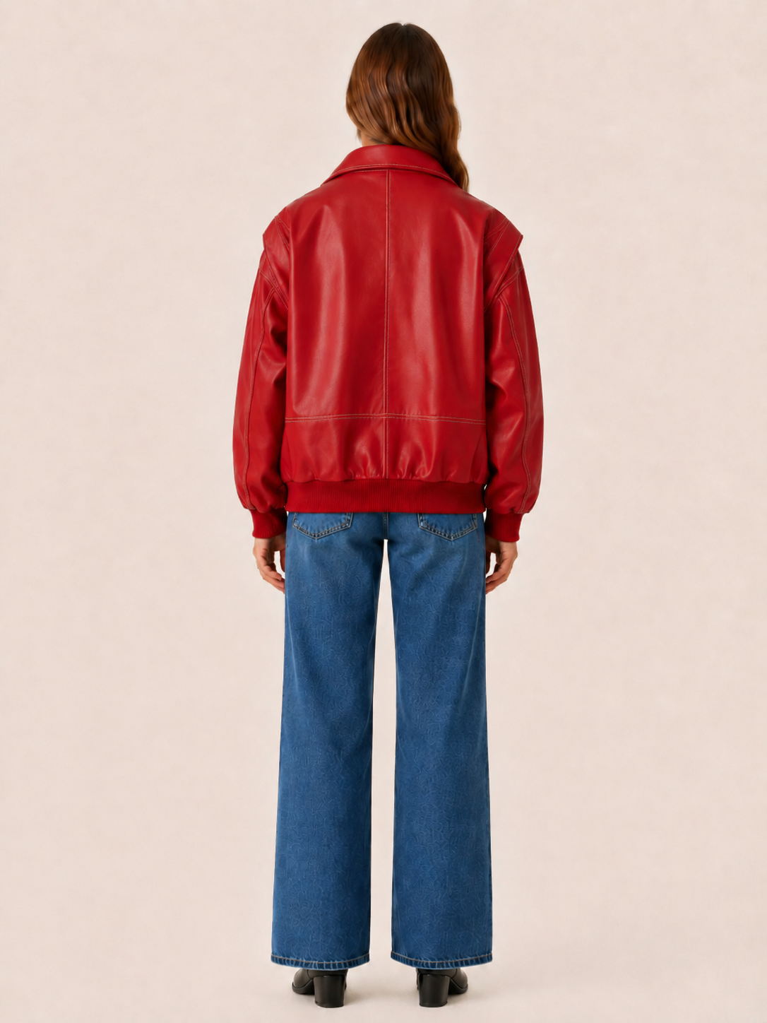 Flora | Contrast Stitch Faux Leather Oversized Bomber Jacket - View 2