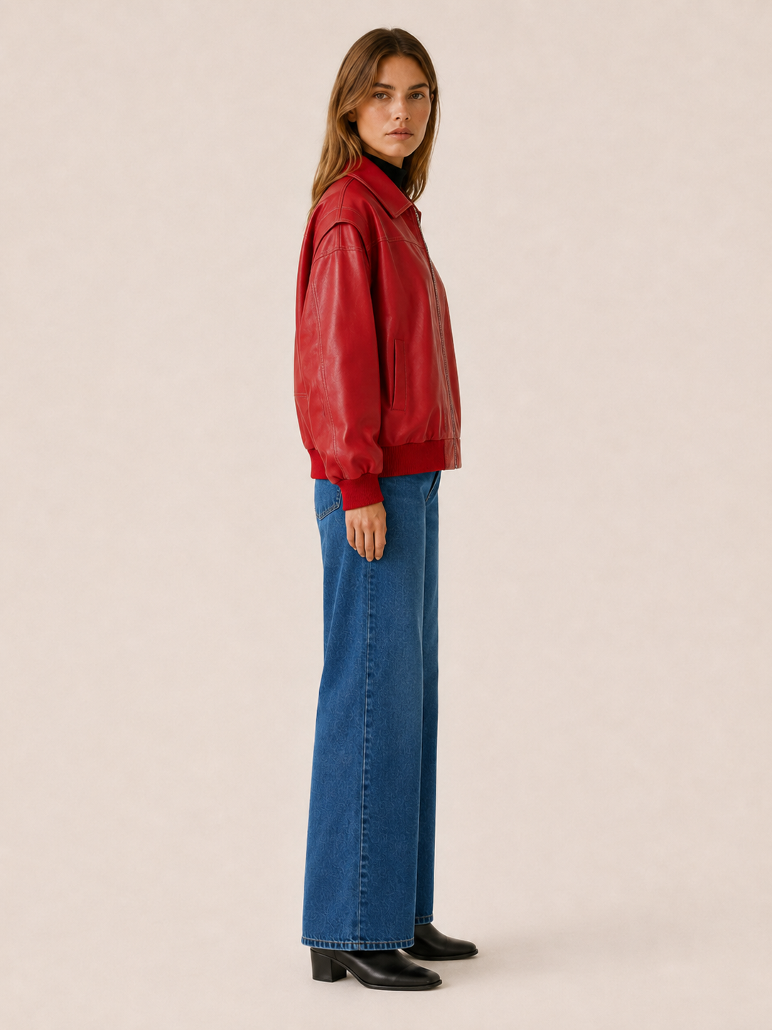 Flora | Contrast Stitch Faux Leather Oversized Bomber Jacket - View 3