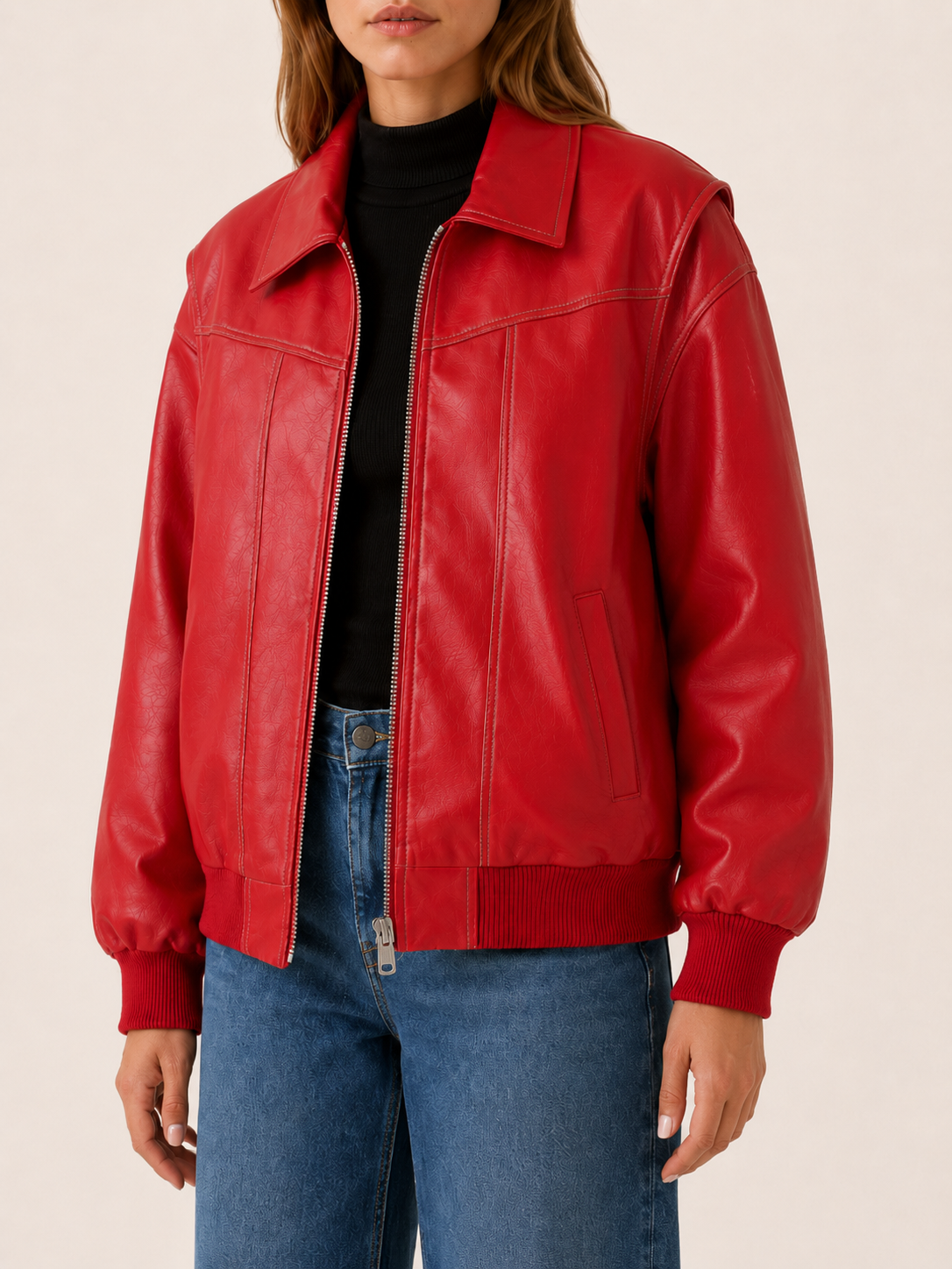 Flora | Contrast Stitch Faux Leather Oversized Bomber Jacket - View 4