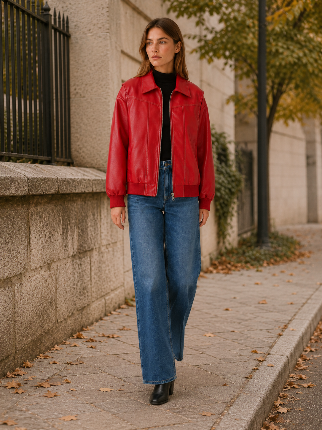 Flora | Contrast Stitch Faux Leather Oversized Bomber Jacket - View 5