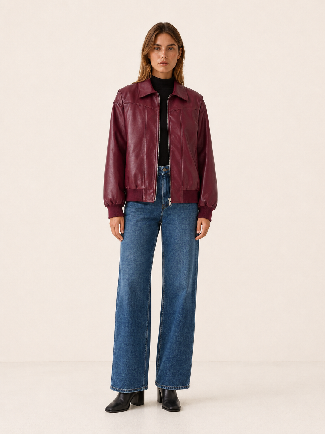 Flora | Contrast Stitch Faux Leather Oversized Bomber Jacket - View 6
