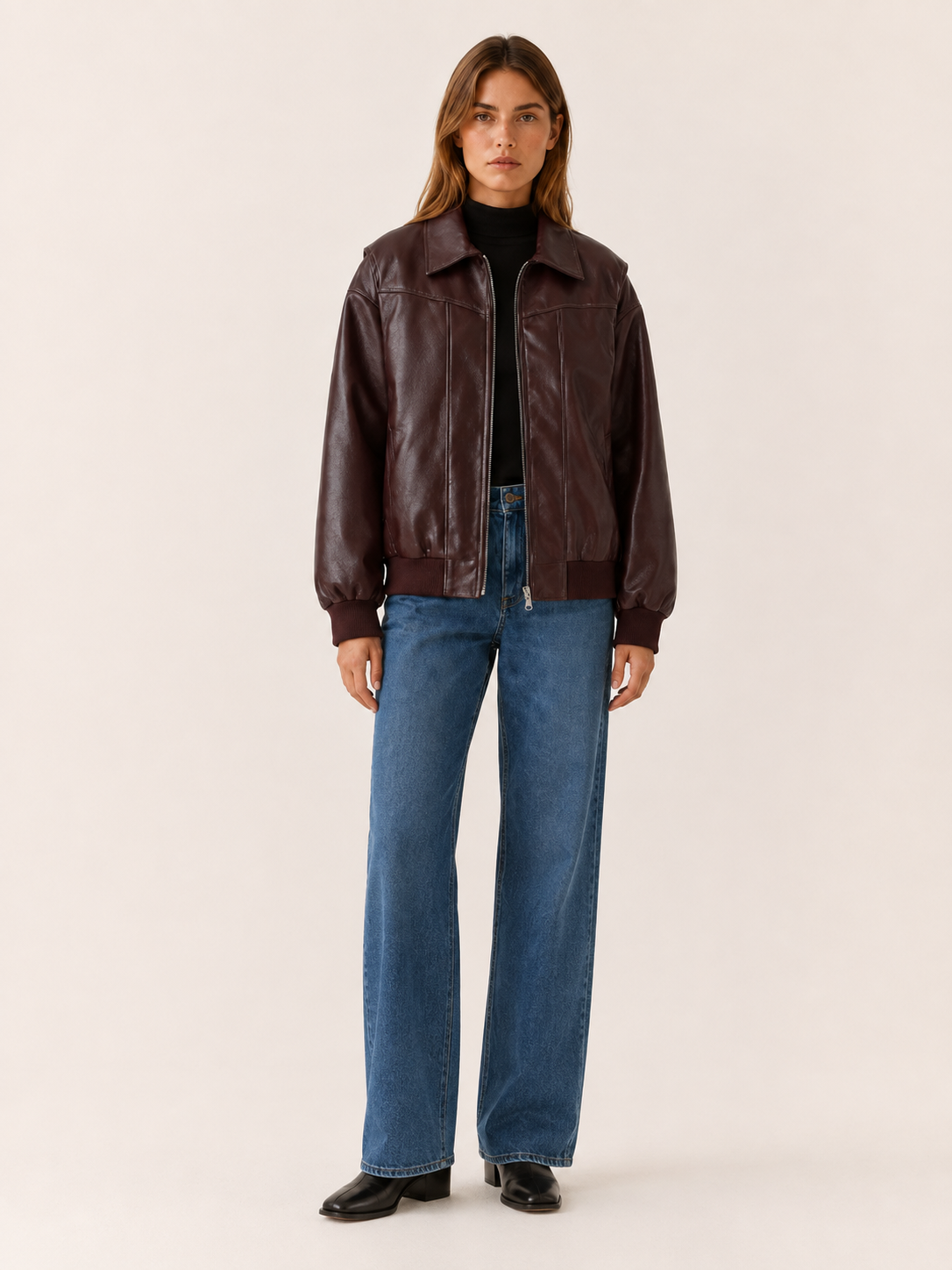 Flora | Contrast Stitch Faux Leather Oversized Bomber Jacket - View 7