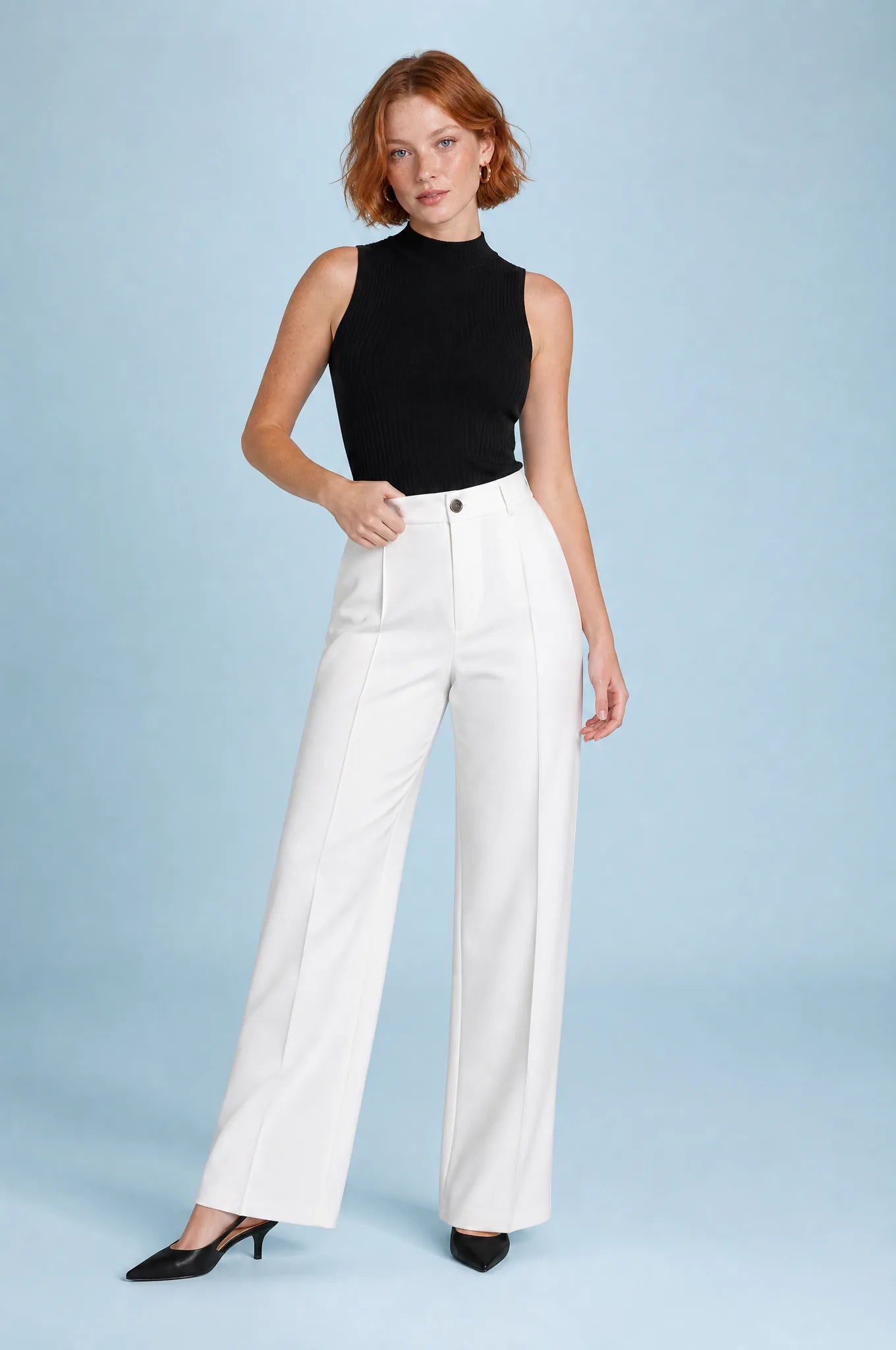 Genevieve | Fly Front Pintuck Crease Tailored Wide Leg Trousers