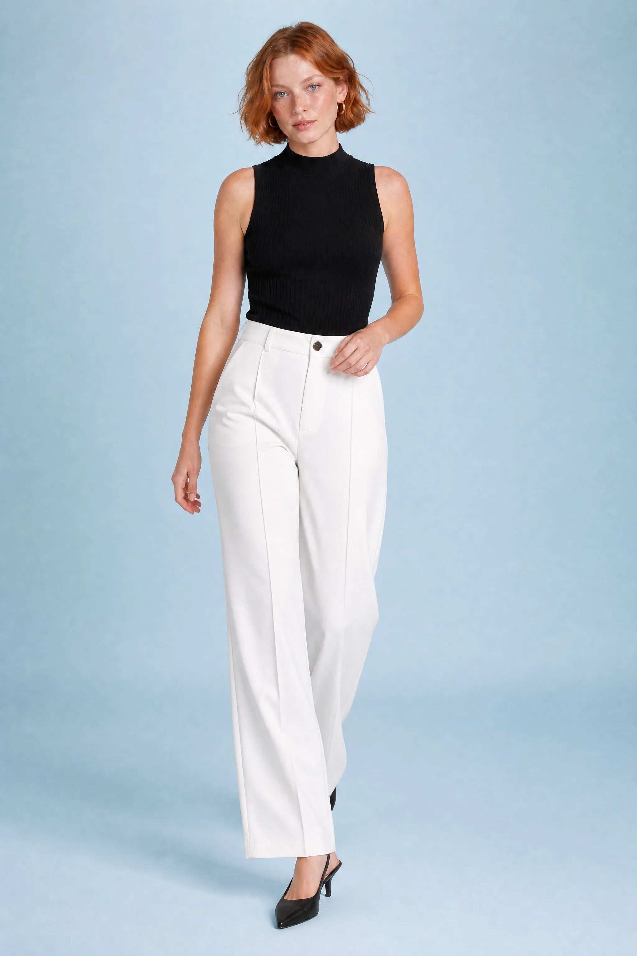 Genevieve | Fly Front Pintuck Crease Tailored Wide Leg Trousers - View 3