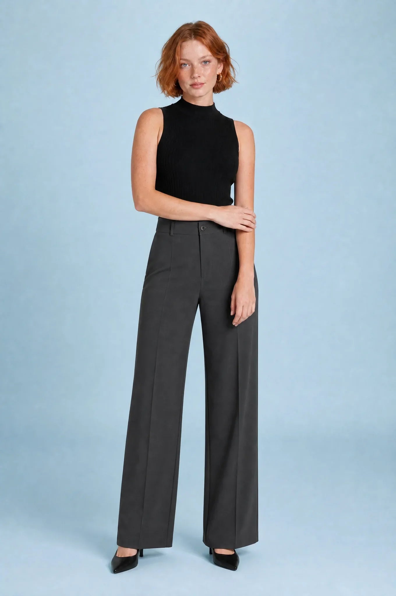 Genevieve | Fly Front Pintuck Crease Tailored Wide Leg Trousers - View 9