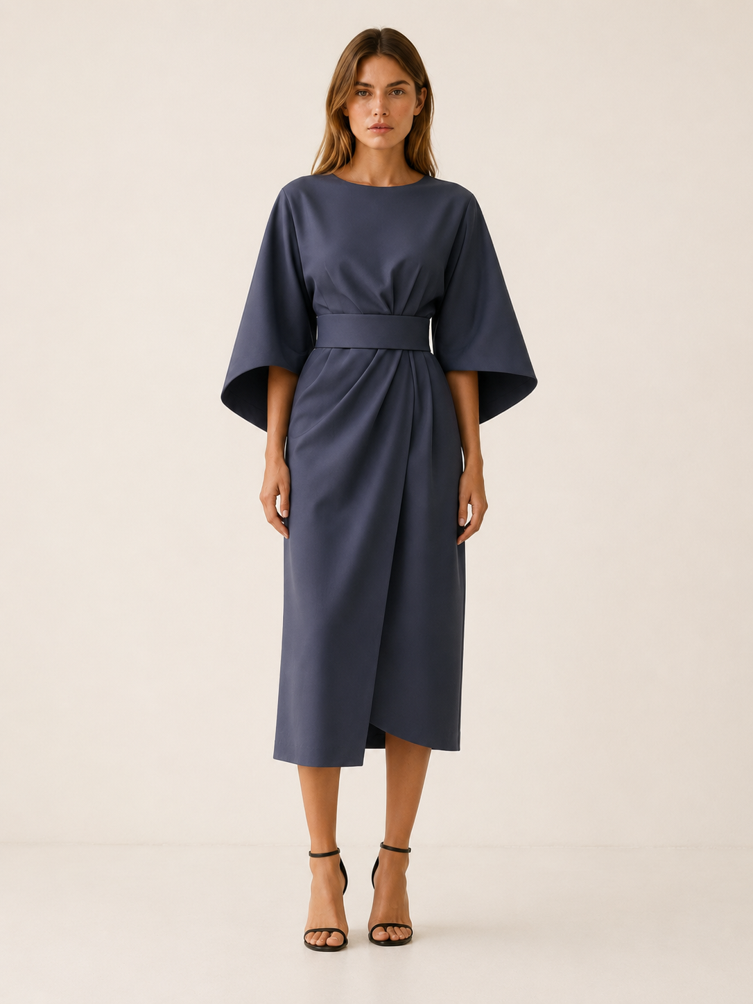 Gilda | Cape Sleeve Obi Belt Draped Wrap Midi Dress