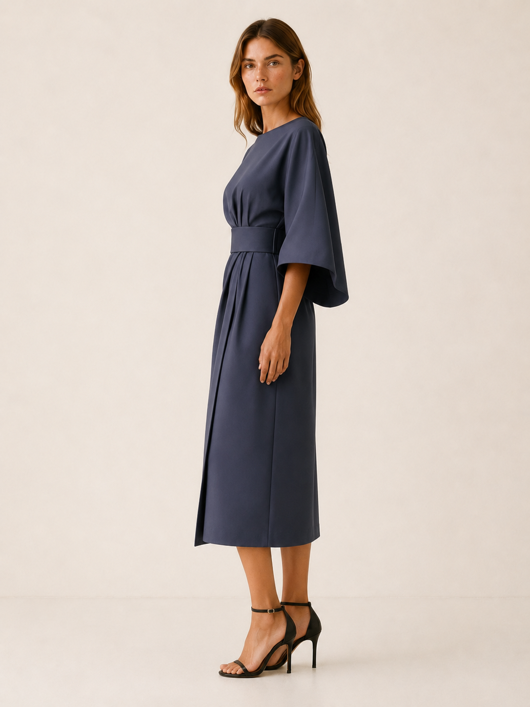 Gilda | Cape Sleeve Obi Belt Draped Wrap Midi Dress - View 2
