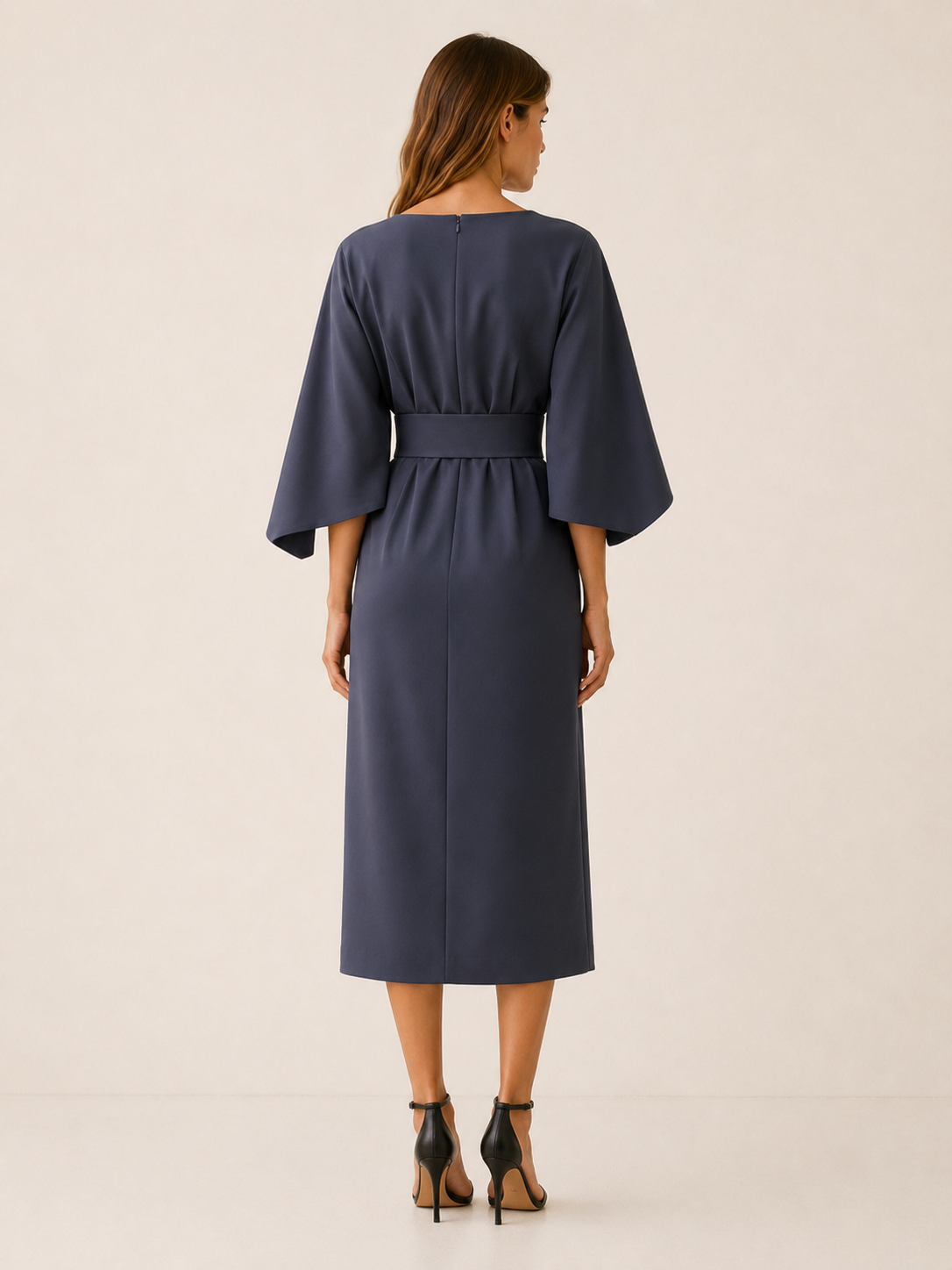 Gilda | Cape Sleeve Obi Belt Draped Wrap Midi Dress - View 3