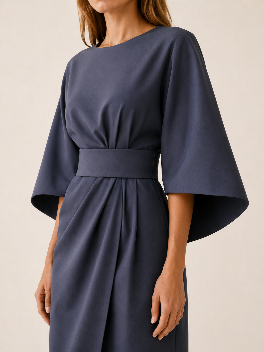 Gilda | Cape Sleeve Obi Belt Draped Wrap Midi Dress - View 4