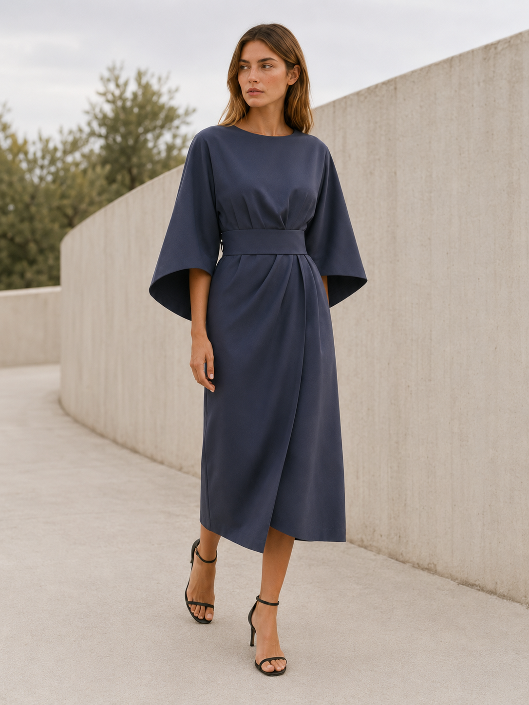 Gilda | Cape Sleeve Obi Belt Draped Wrap Midi Dress - View 5