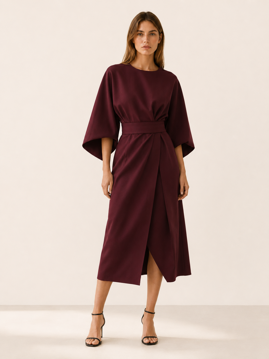 Gilda | Cape Sleeve Obi Belt Draped Wrap Midi Dress - View 6
