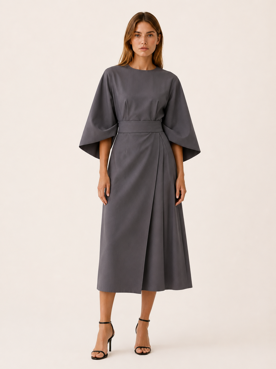 Gilda | Cape Sleeve Obi Belt Draped Wrap Midi Dress - View 7