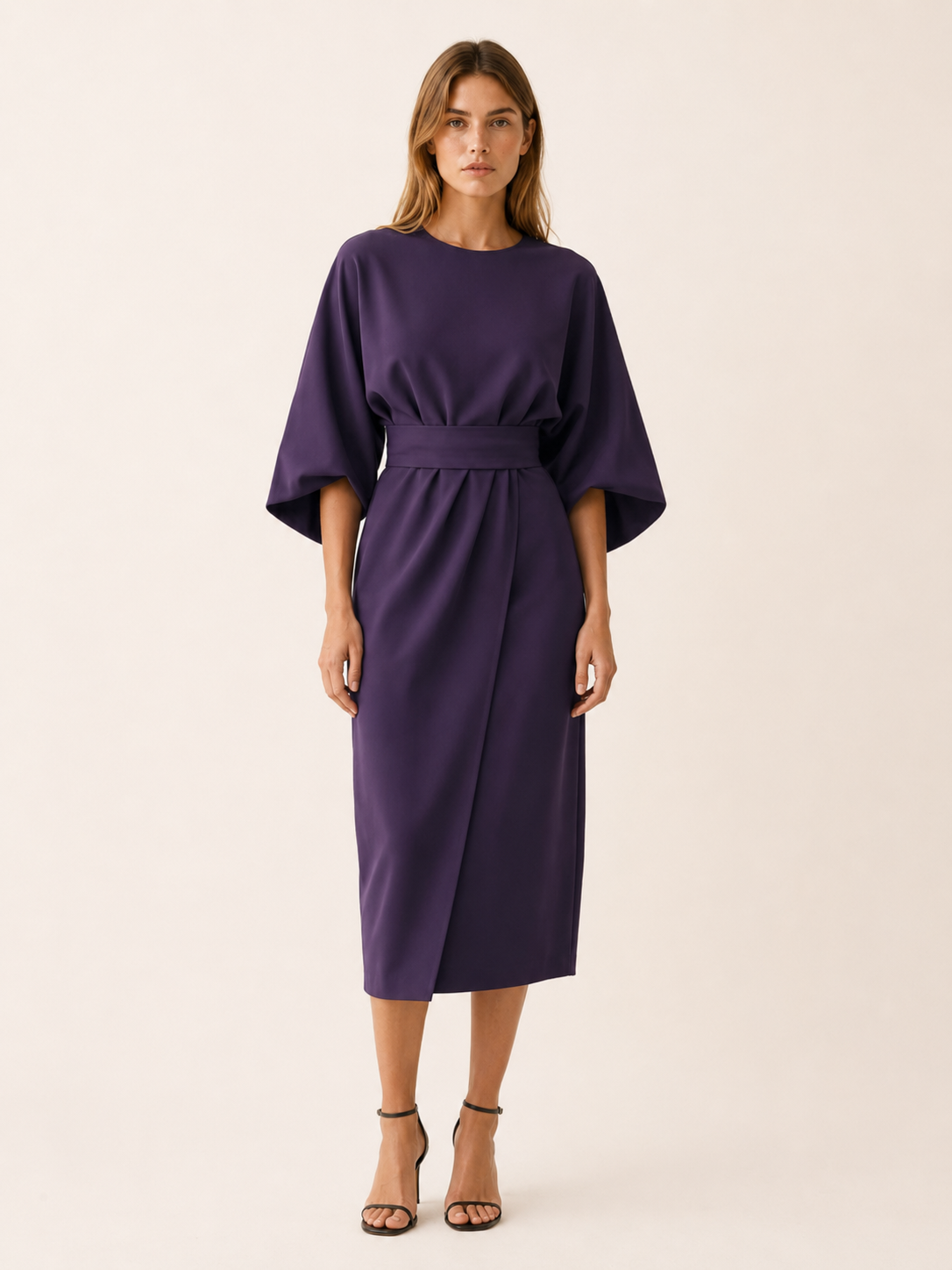 Gilda | Cape Sleeve Obi Belt Draped Wrap Midi Dress - View 8