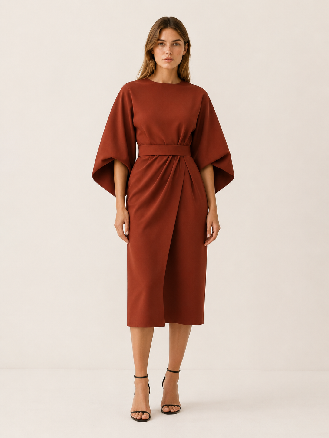 Gilda | Cape Sleeve Obi Belt Draped Wrap Midi Dress - View 9