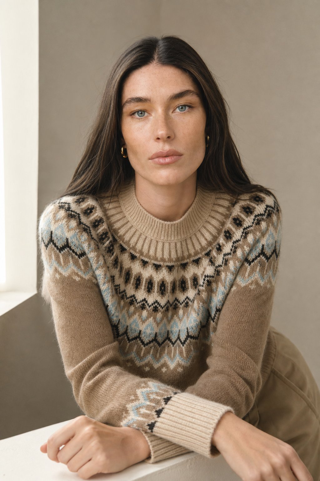 Greta | Fair Isle Yoke Crew Neck Cashmere Knit Sweater - View 2