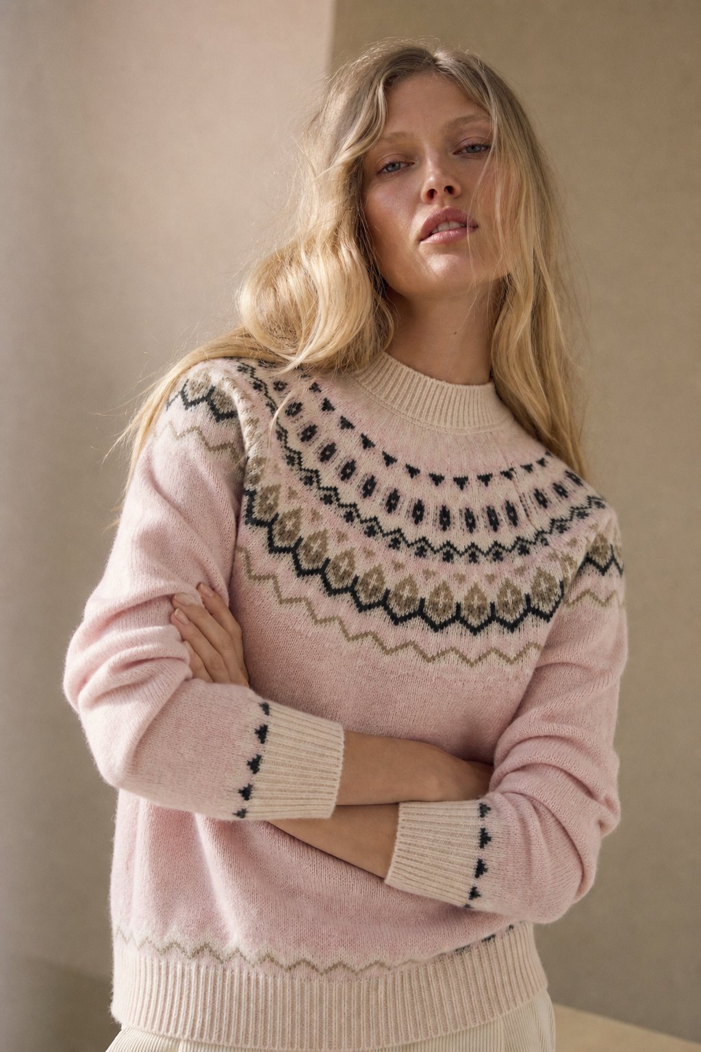 Greta | Fair Isle Yoke Crew Neck Cashmere Knit Sweater - View 3