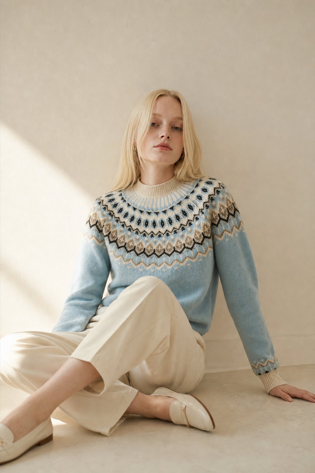 Greta | Fair Isle Yoke Crew Neck Cashmere Knit Sweater - View 5