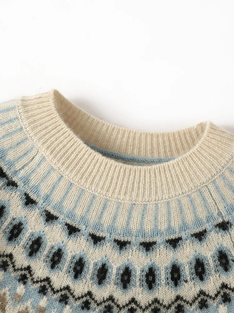Greta | Fair Isle Yoke Crew Neck Cashmere Knit Sweater - View 8