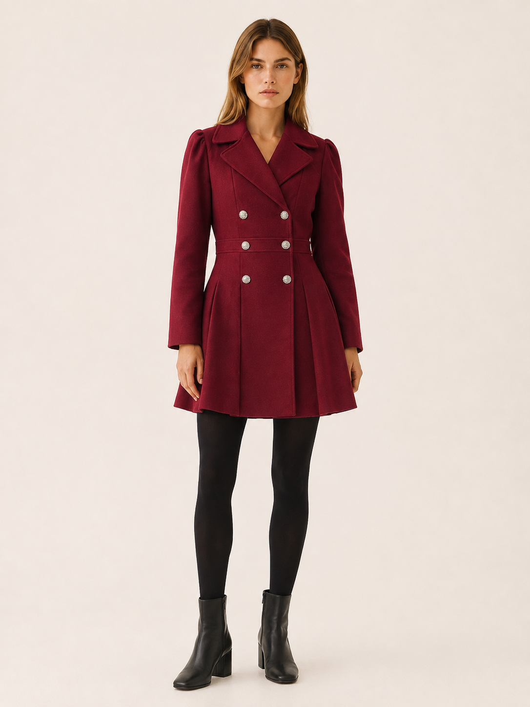 Gwen | Puff Shoulder Double Breasted Pleated Flare Coat