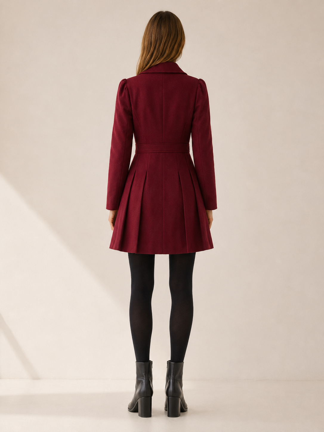 Gwen | Puff Shoulder Double Breasted Pleated Flare Coat - View 2