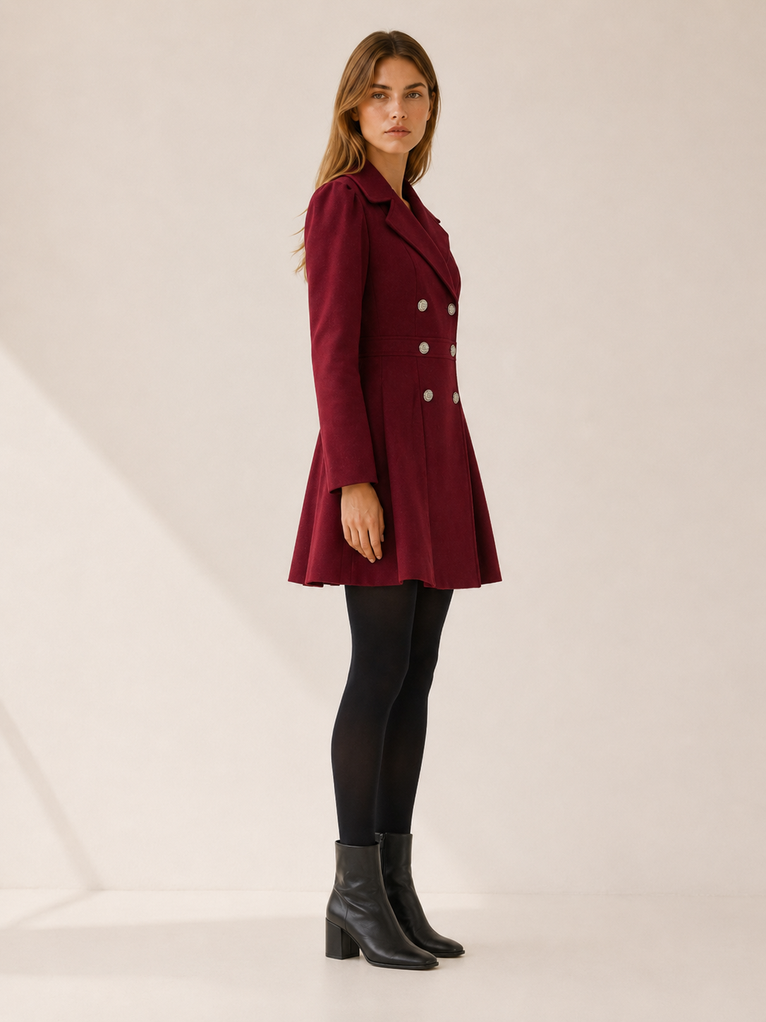 Gwen | Puff Shoulder Double Breasted Pleated Flare Coat - View 3