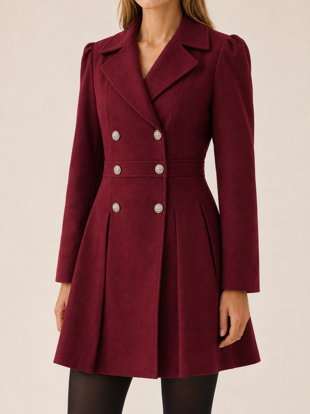 Gwen | Puff Shoulder Double Breasted Pleated Flare Coat - View 4