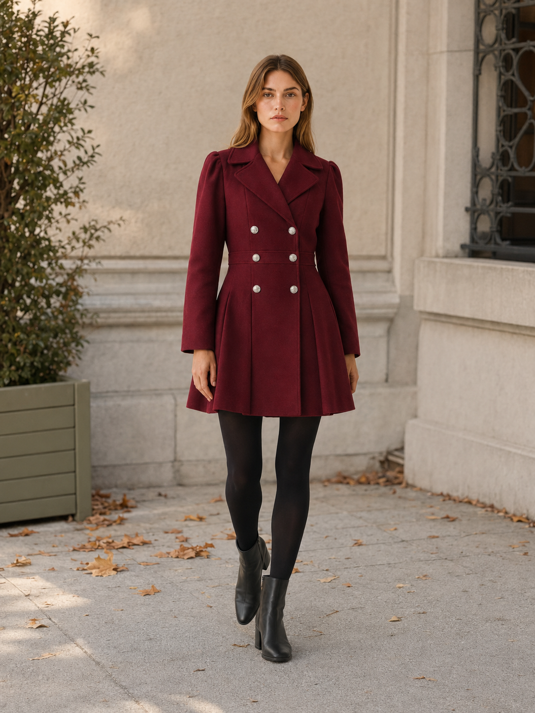 Gwen | Puff Shoulder Double Breasted Pleated Flare Coat - View 5