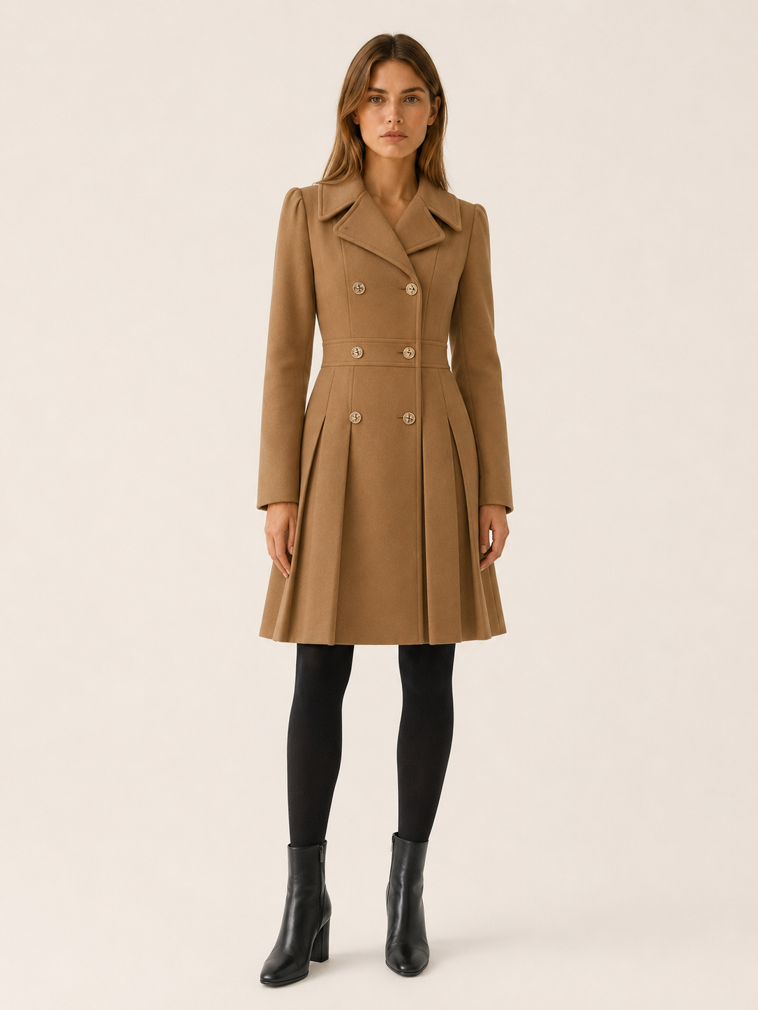 Gwen | Puff Shoulder Double Breasted Pleated Flare Coat - View 6