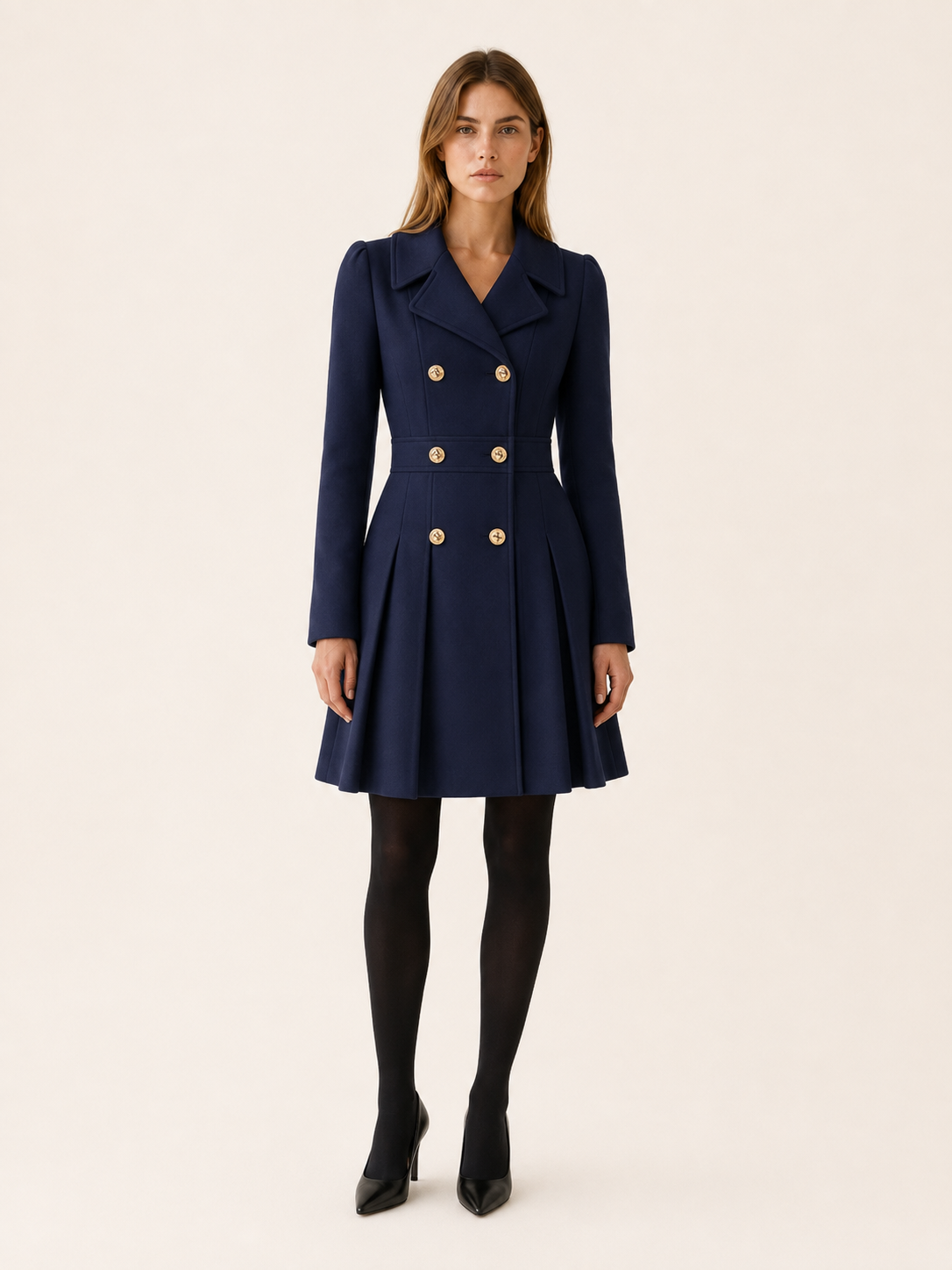 Gwen | Puff Shoulder Double Breasted Pleated Flare Coat - View 7