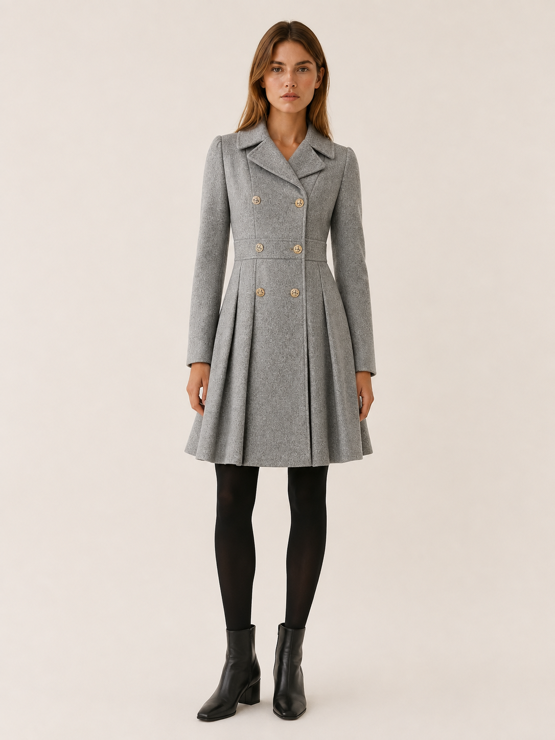 Gwen | Puff Shoulder Double Breasted Pleated Flare Coat - View 8