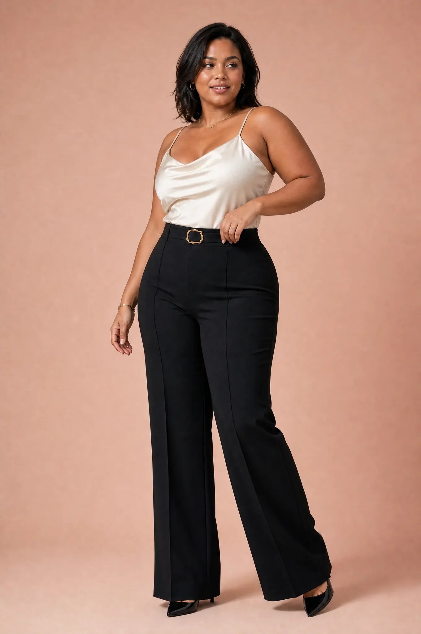 Hattie | Buckle Waist Pintuck Seam High Rise Flared Trousers - View 7