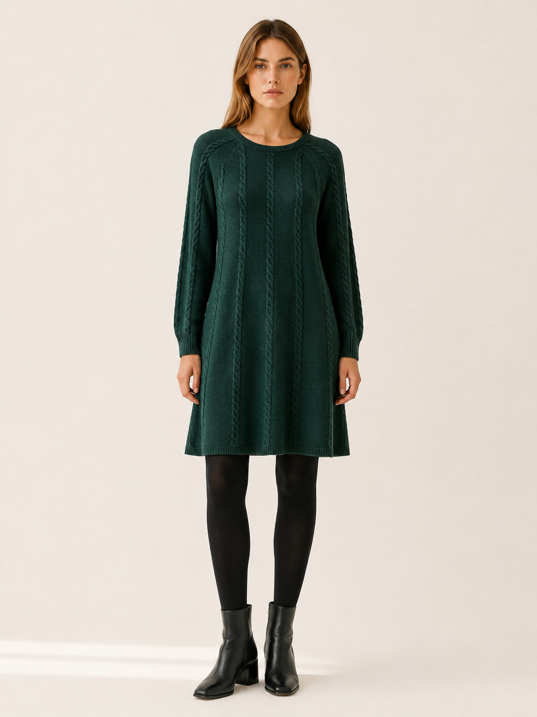 Helena | Vertical Cable Panel Crew Neck A Line Knit Dress
