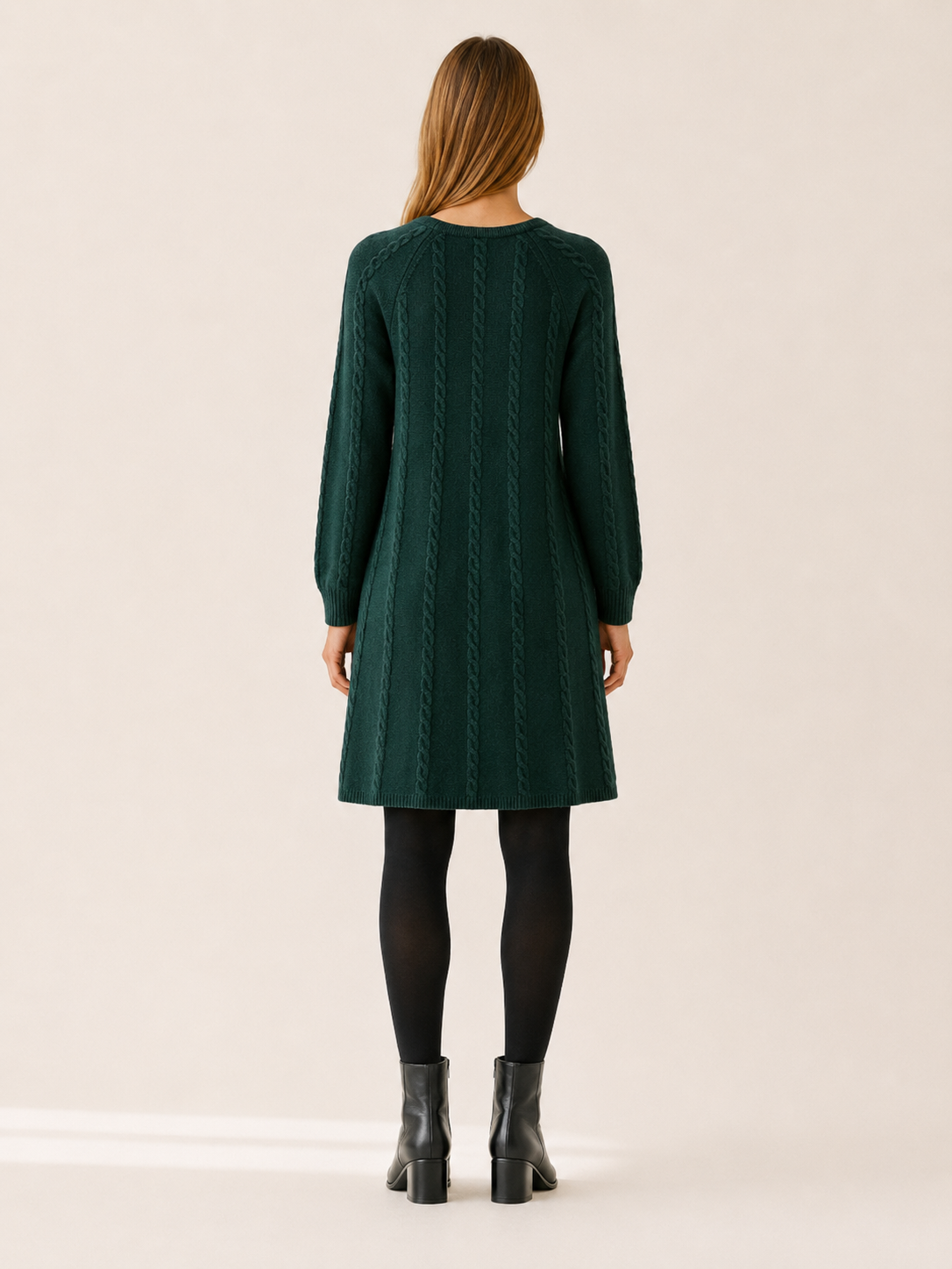 Helena | Vertical Cable Panel Crew Neck A Line Knit Dress - View 2