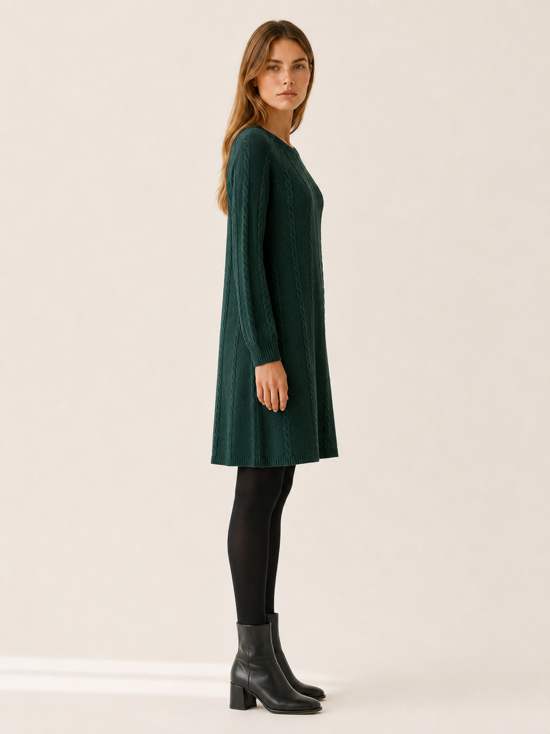 Helena | Vertical Cable Panel Crew Neck A Line Knit Dress - View 3
