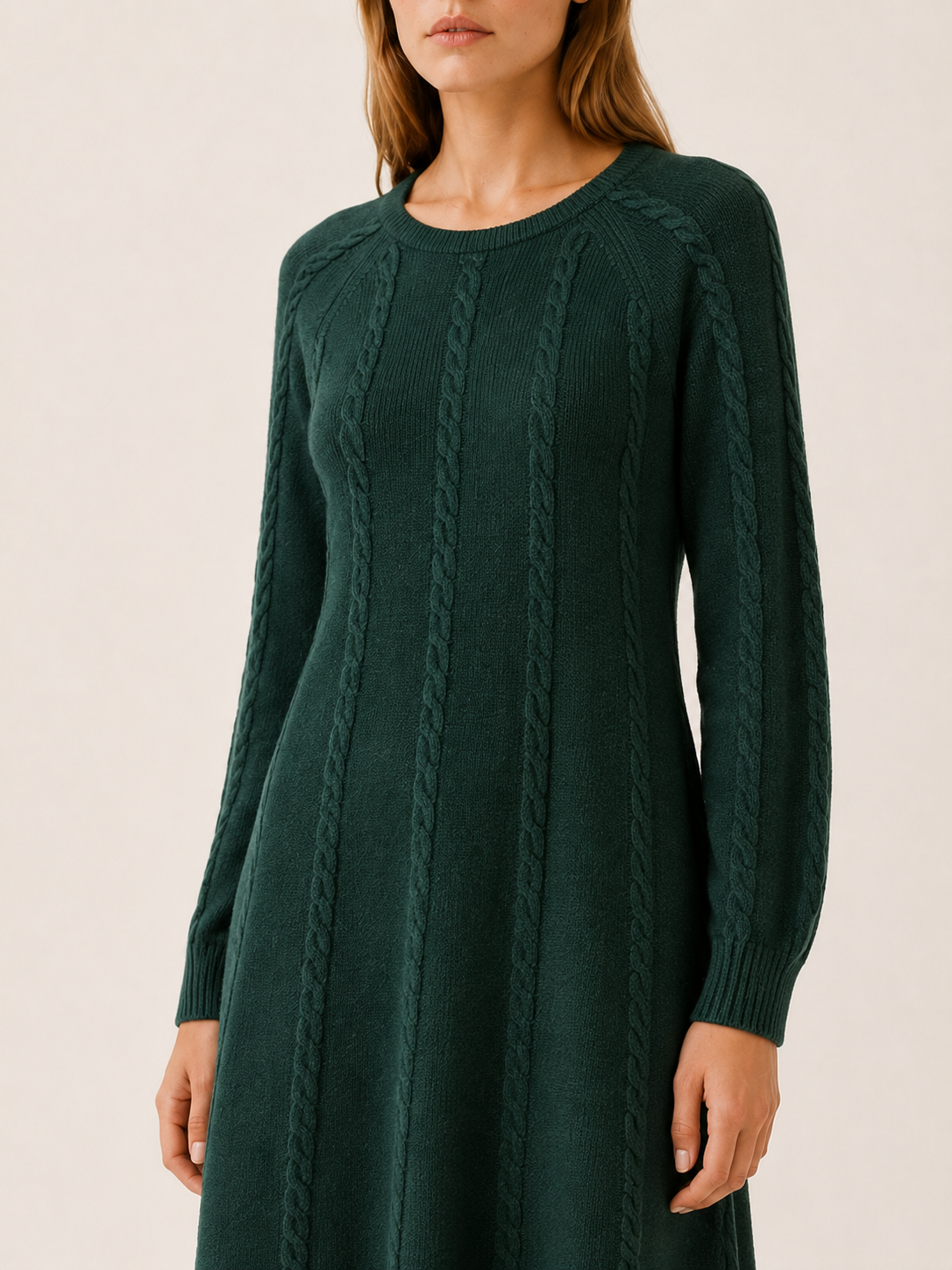 Helena | Vertical Cable Panel Crew Neck A Line Knit Dress - View 4