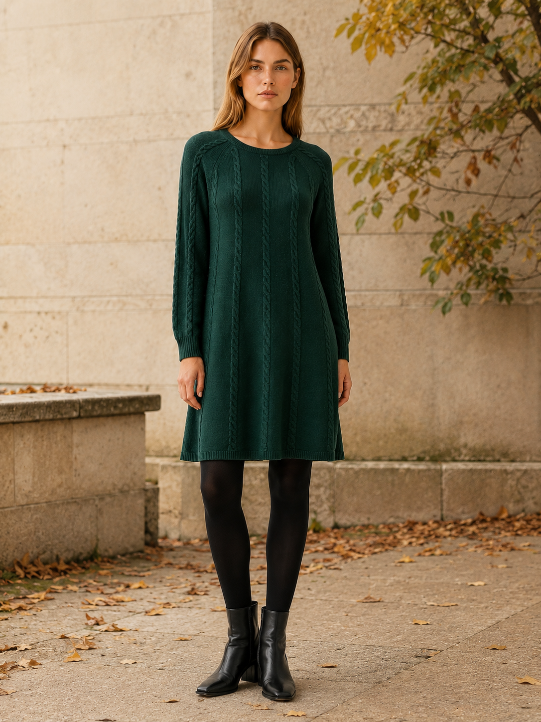 Helena | Vertical Cable Panel Crew Neck A Line Knit Dress - View 5