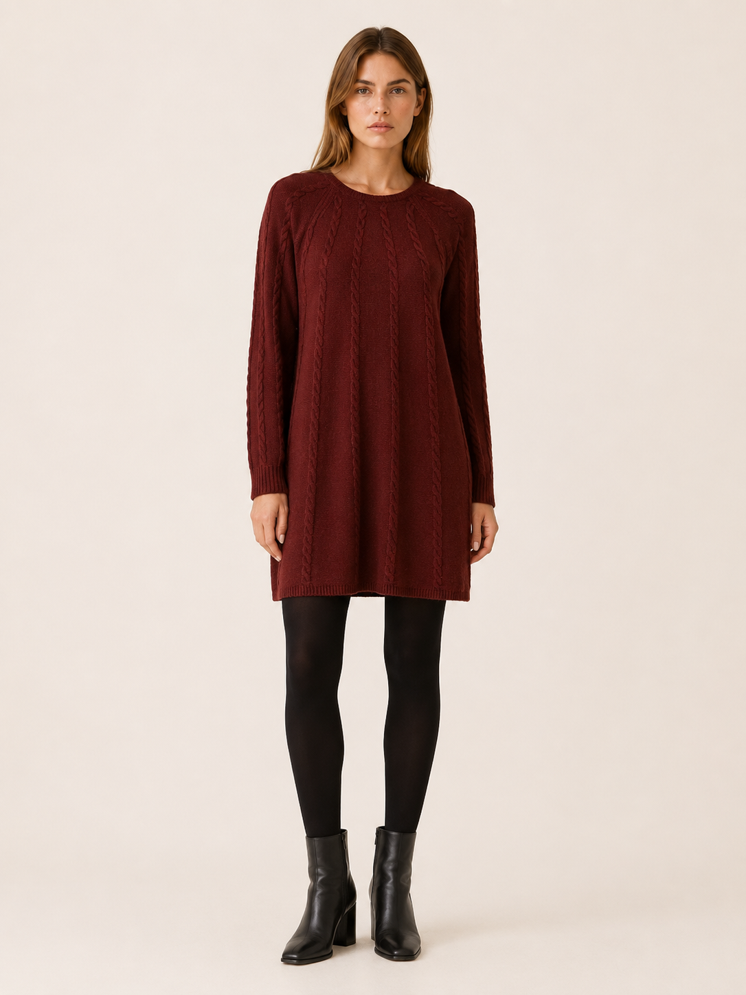 Helena | Vertical Cable Panel Crew Neck A Line Knit Dress - View 6