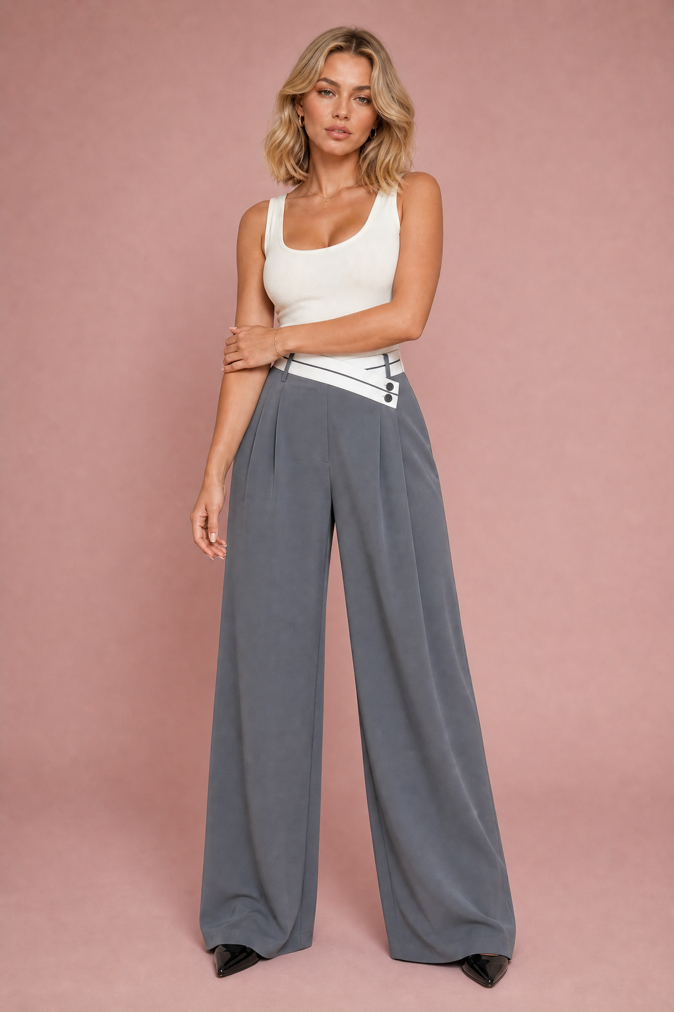 Hermione | Contrast Wrap Waistband Pleated Wide Leg Trousers - View 11
