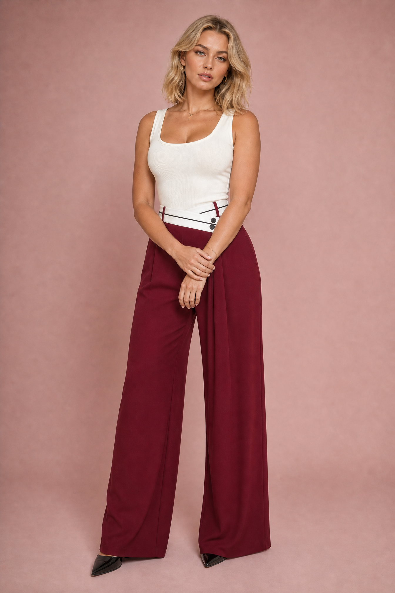 Hermione | Contrast Wrap Waistband Pleated Wide Leg Trousers - View 13