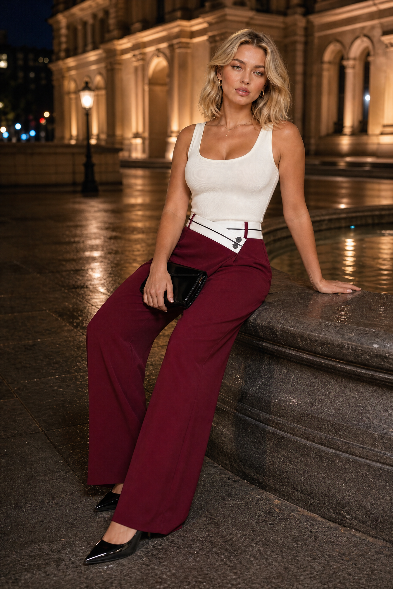 Hermione | Contrast Wrap Waistband Pleated Wide Leg Trousers - View 14