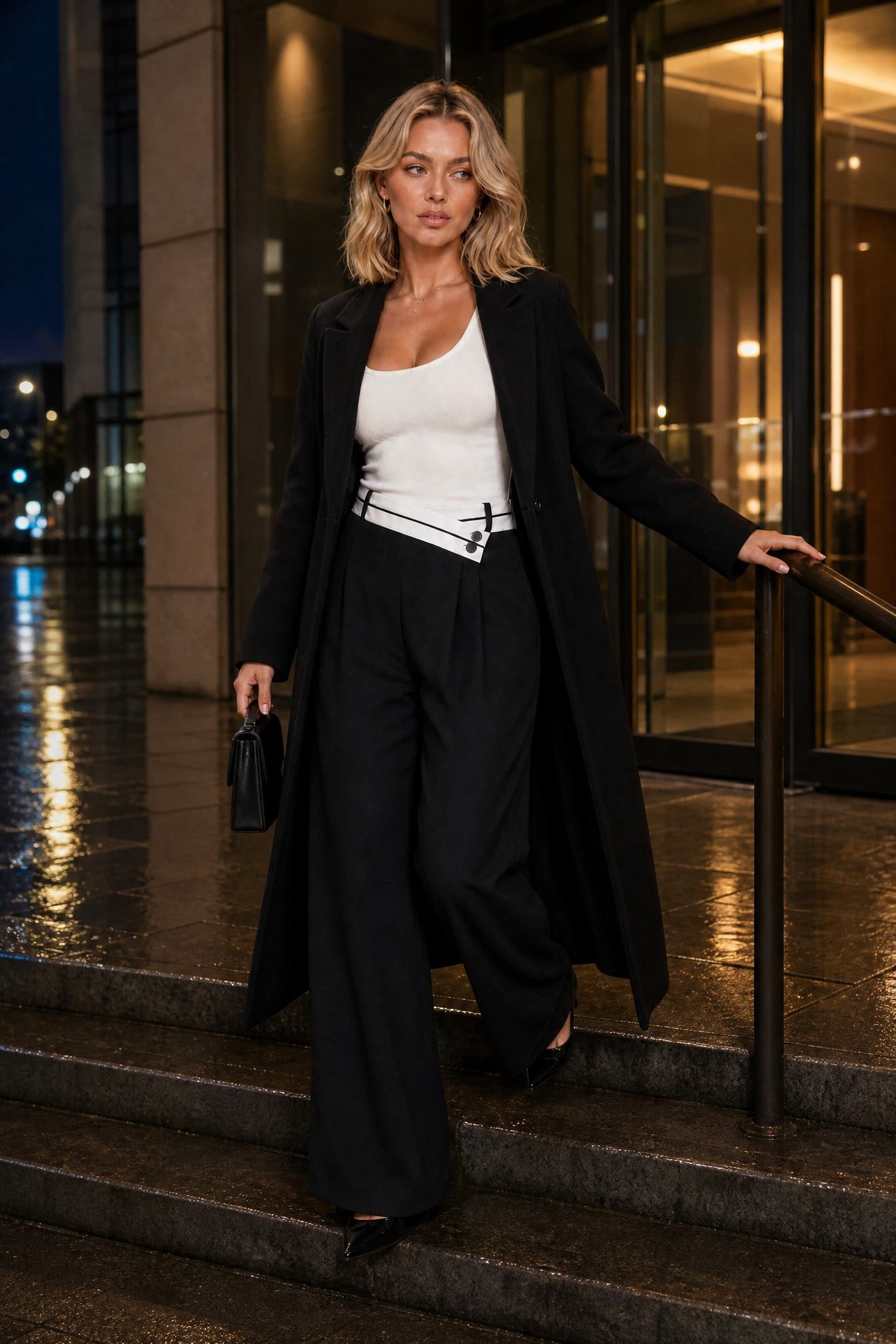 Hermione | Contrast Wrap Waistband Pleated Wide Leg Trousers - View 16